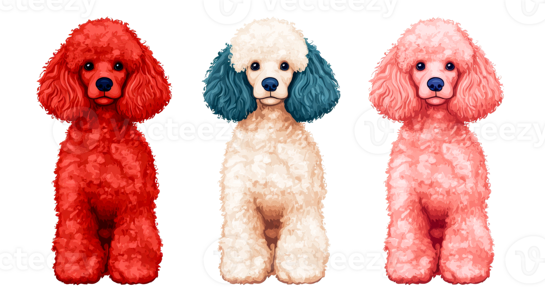 Trio Poodle dogs with colorful fur, pet friendly , cut out transparent png