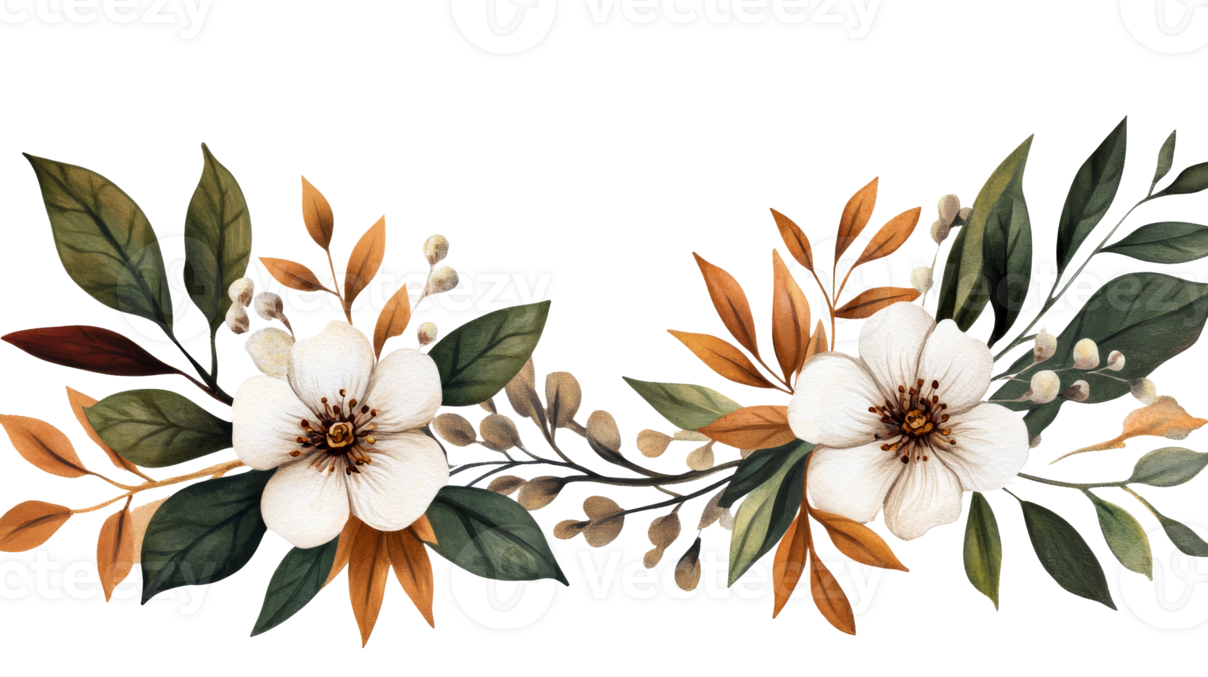 White flowers with greenery, elegant floral ornament, cut out transparent png