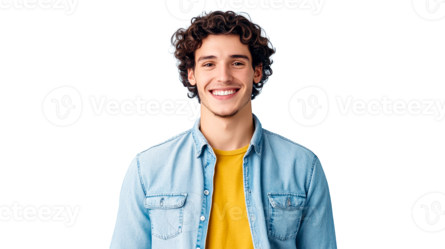 Young man smiles in a light blue denim shirt, cut out transparent png