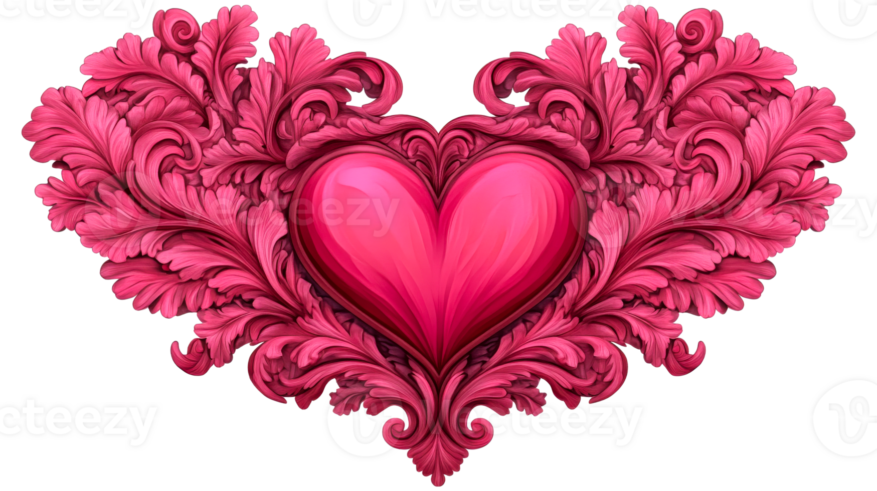 Ornate pink heart with floral baroque frame, romantic design, cut out transparent png