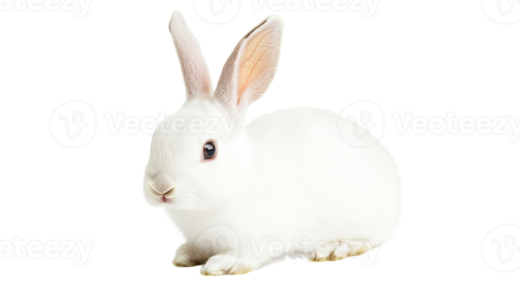 White rabbit with long ears sits, looks to the side, cut out transparent png