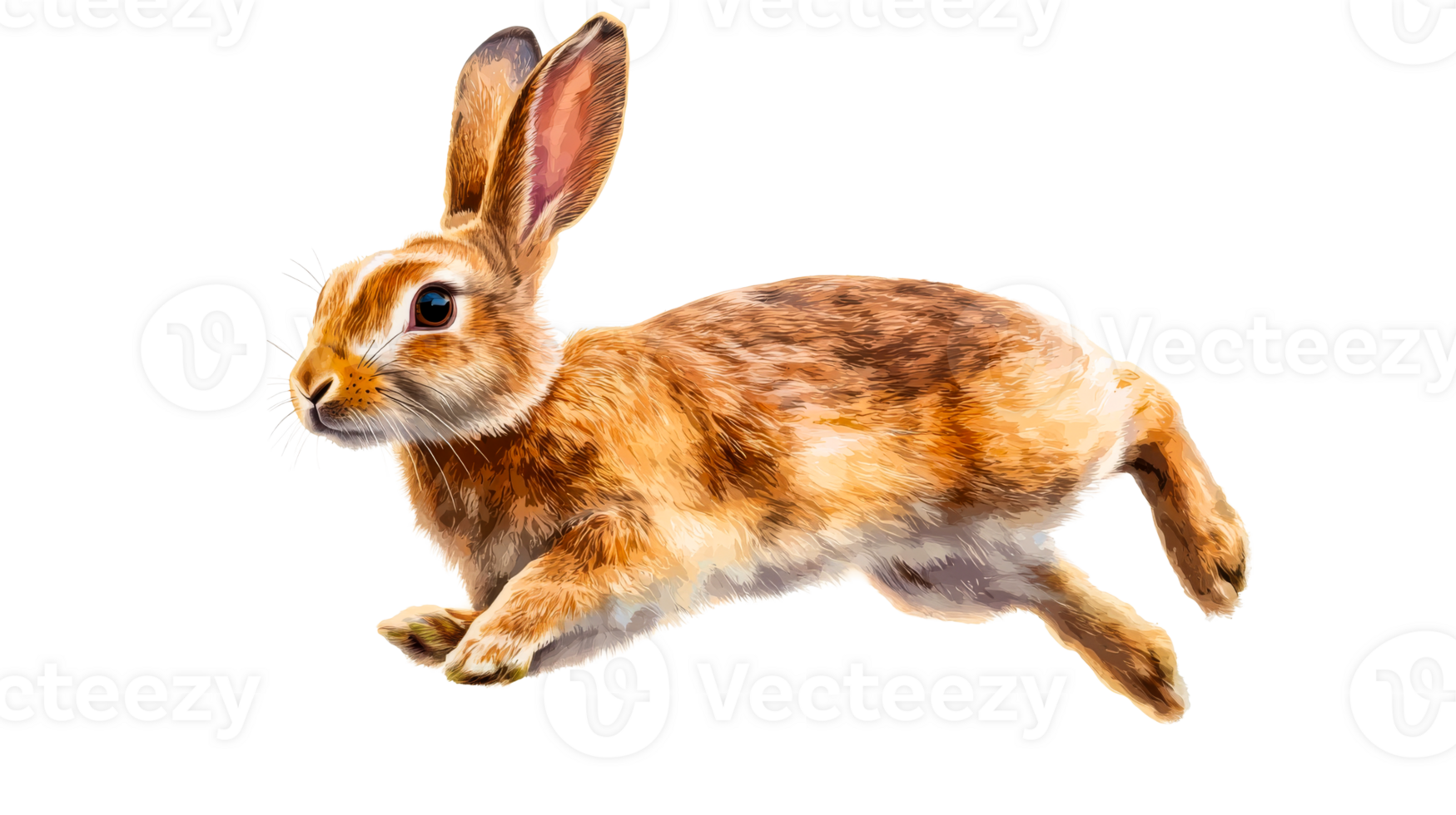 Alert rabbit running, light brown fur, pointy ears, detailed, cut out transparent png