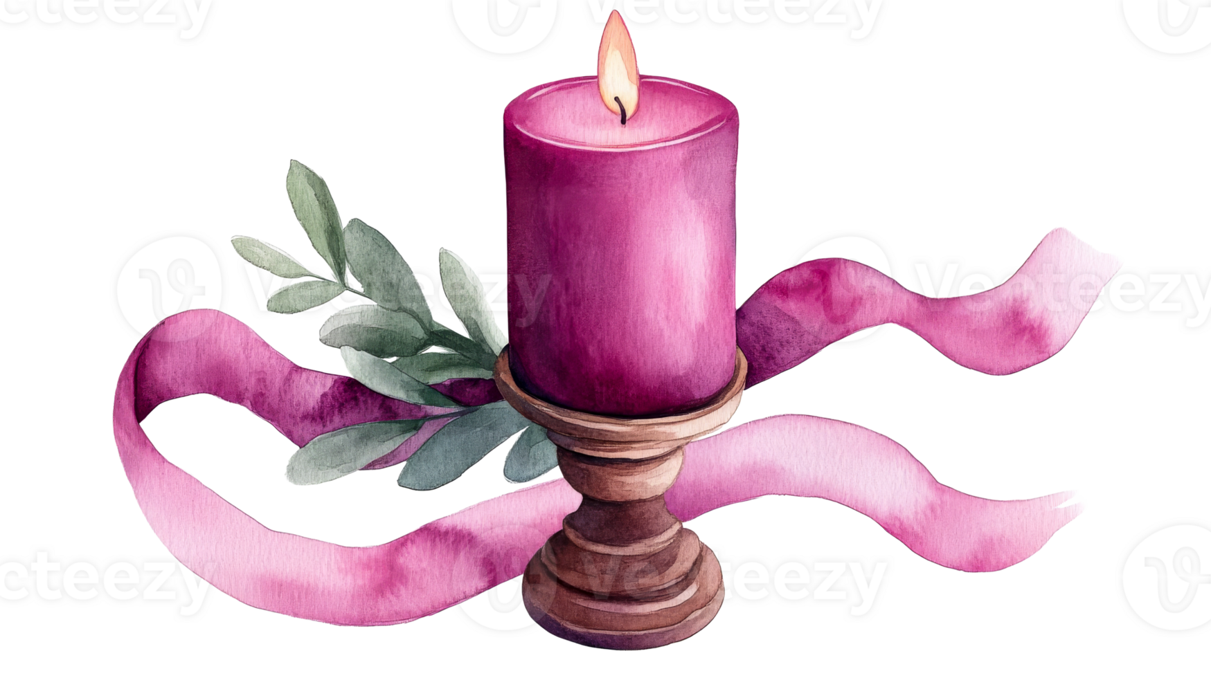 Candle with ribbon and leaves in watercolor, cut out transparent png