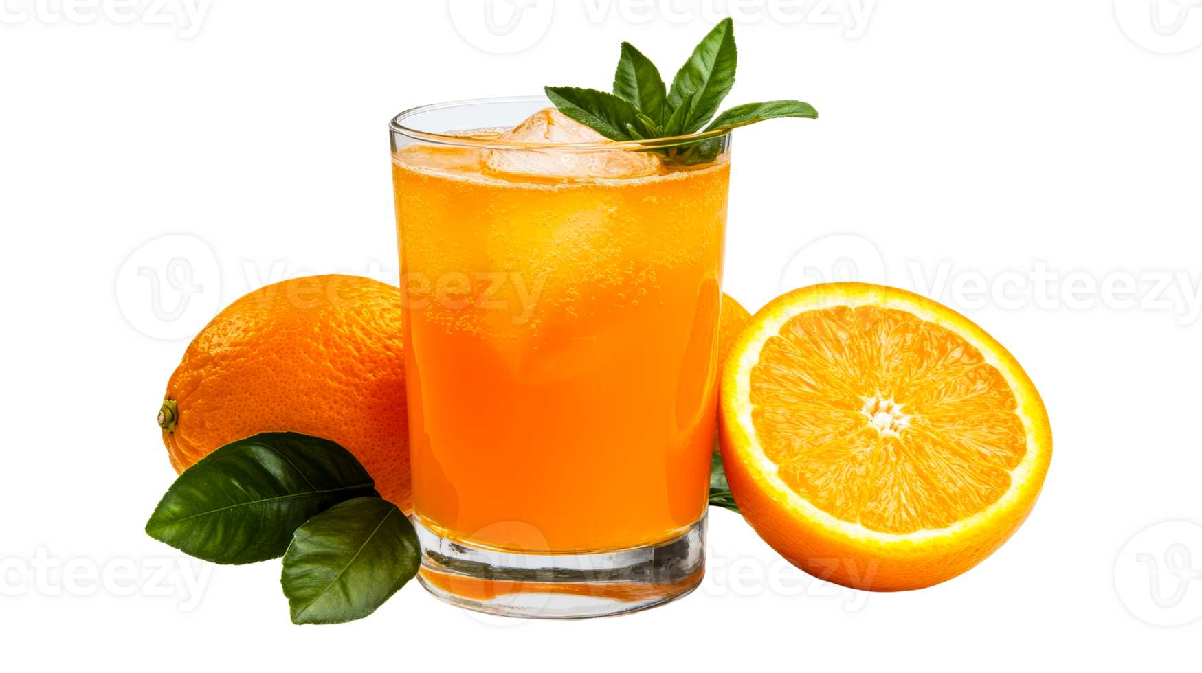 Orange juice in glass with oranges, leaves, ice, cut out transparent png