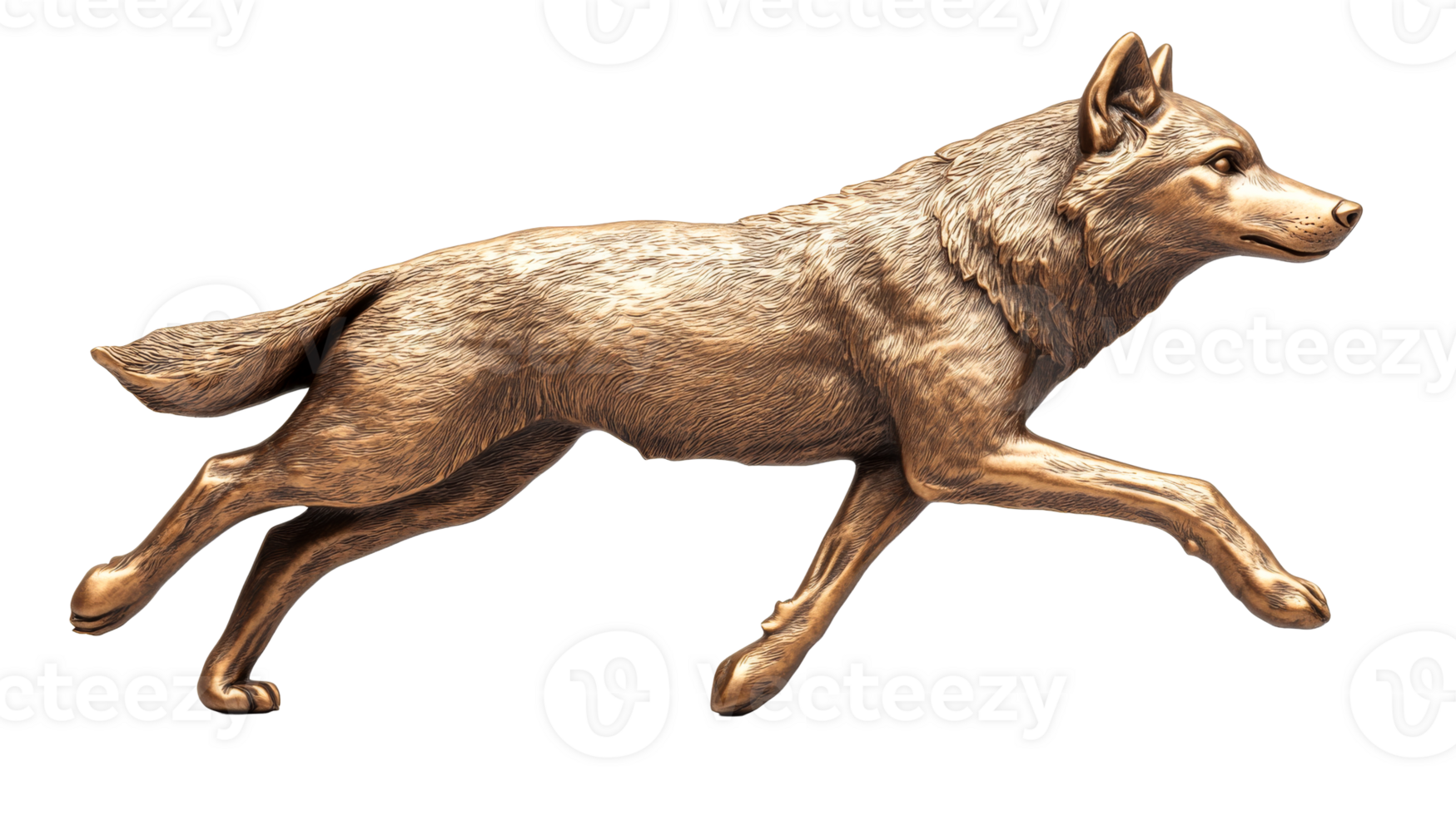 Bronze wolf sculpture running, detailed statue isolated, cut out transparent png