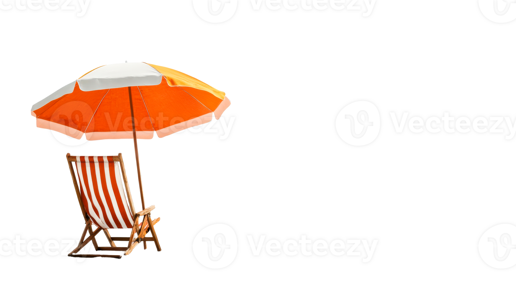 Beach chair and orange umbrella on black background, cut out transparent png
