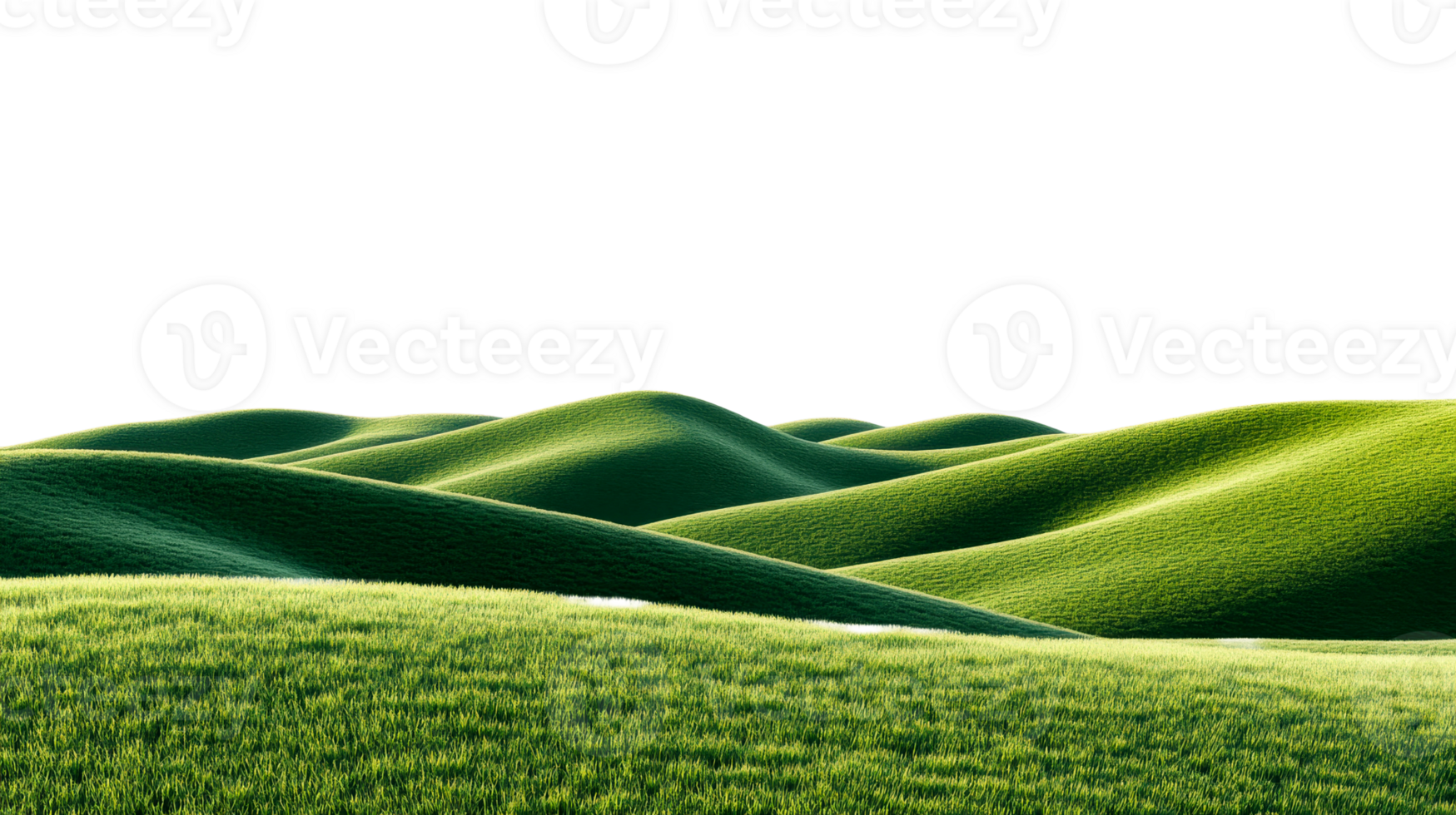 Green grassy hills landscape in black background, cut out transparent png