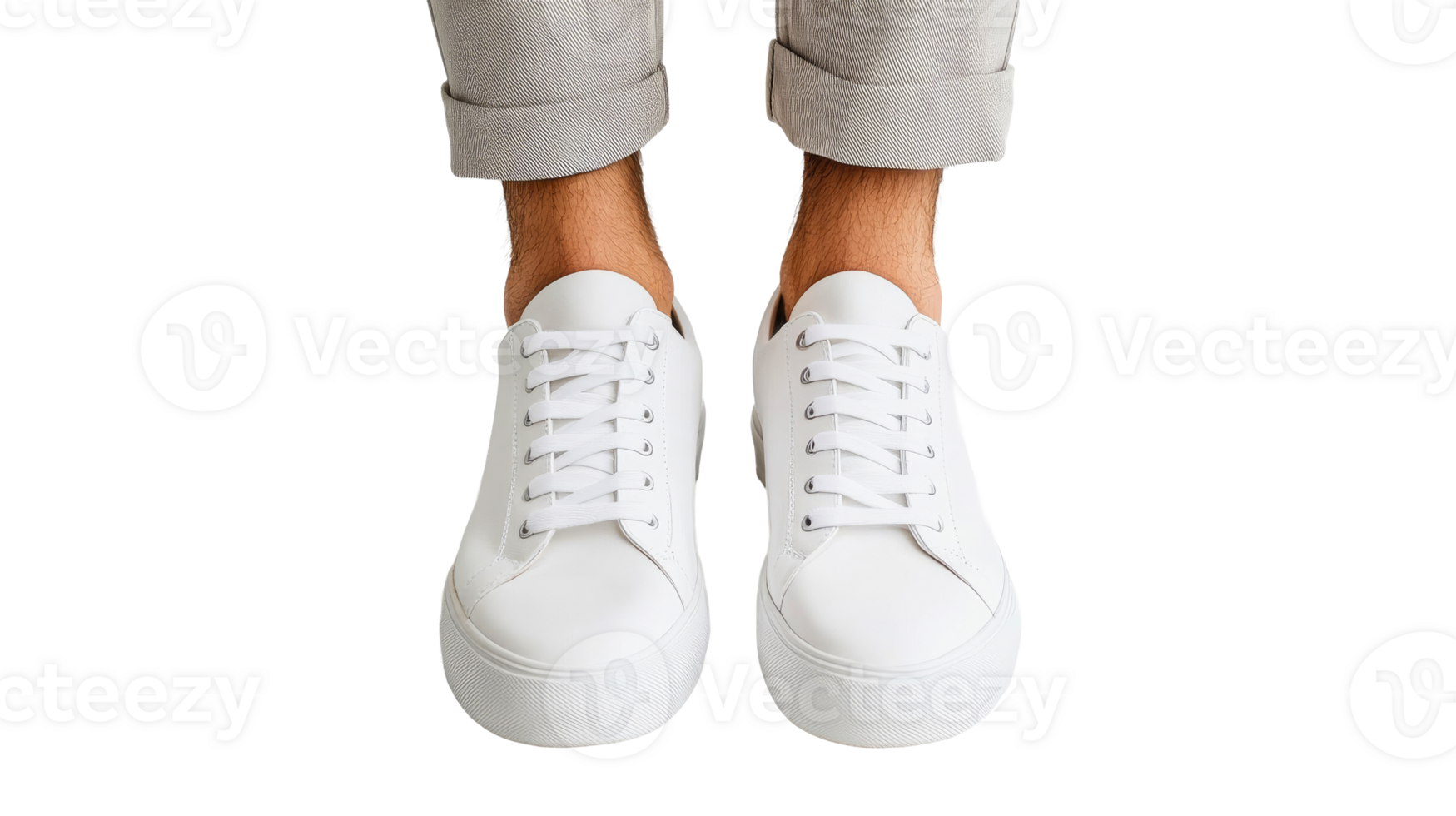 Stylish white sneakers on feet with rolled pants, cut out transparent png