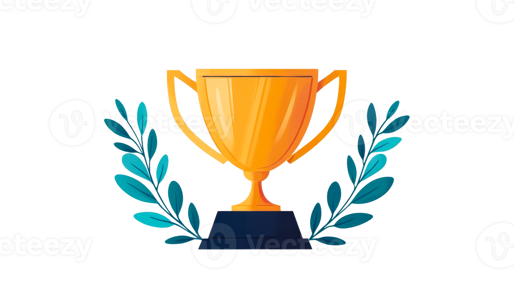 Golden trophy cup with wreath on black background, cut out transparent png