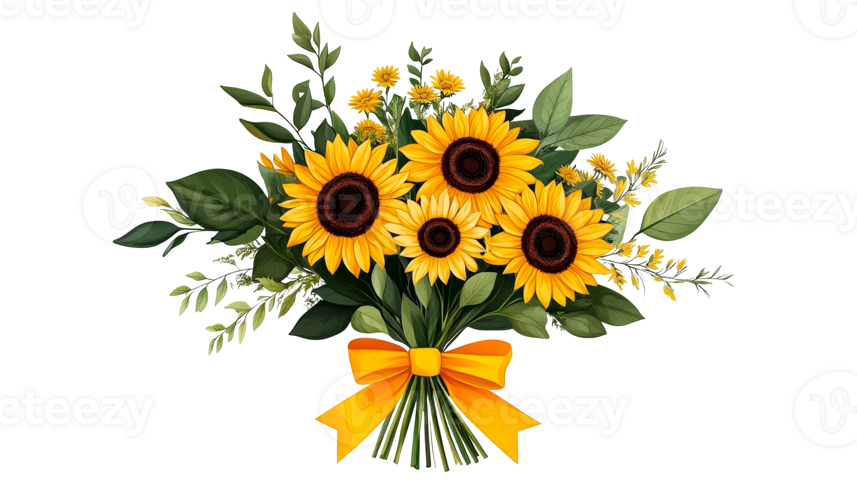 Sunflower bouquet with yellow ribbon illustration, cut out transparent png