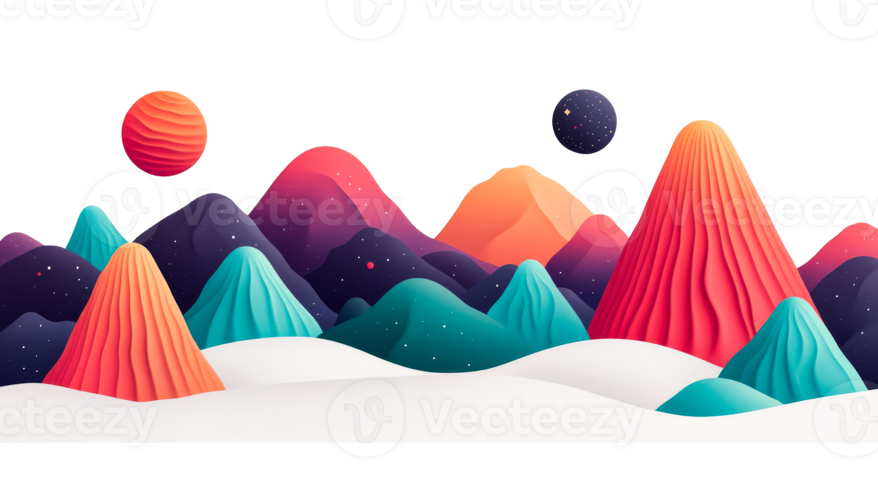 Surreal planet landscape with colorful mountains and planets, cut out transparent png