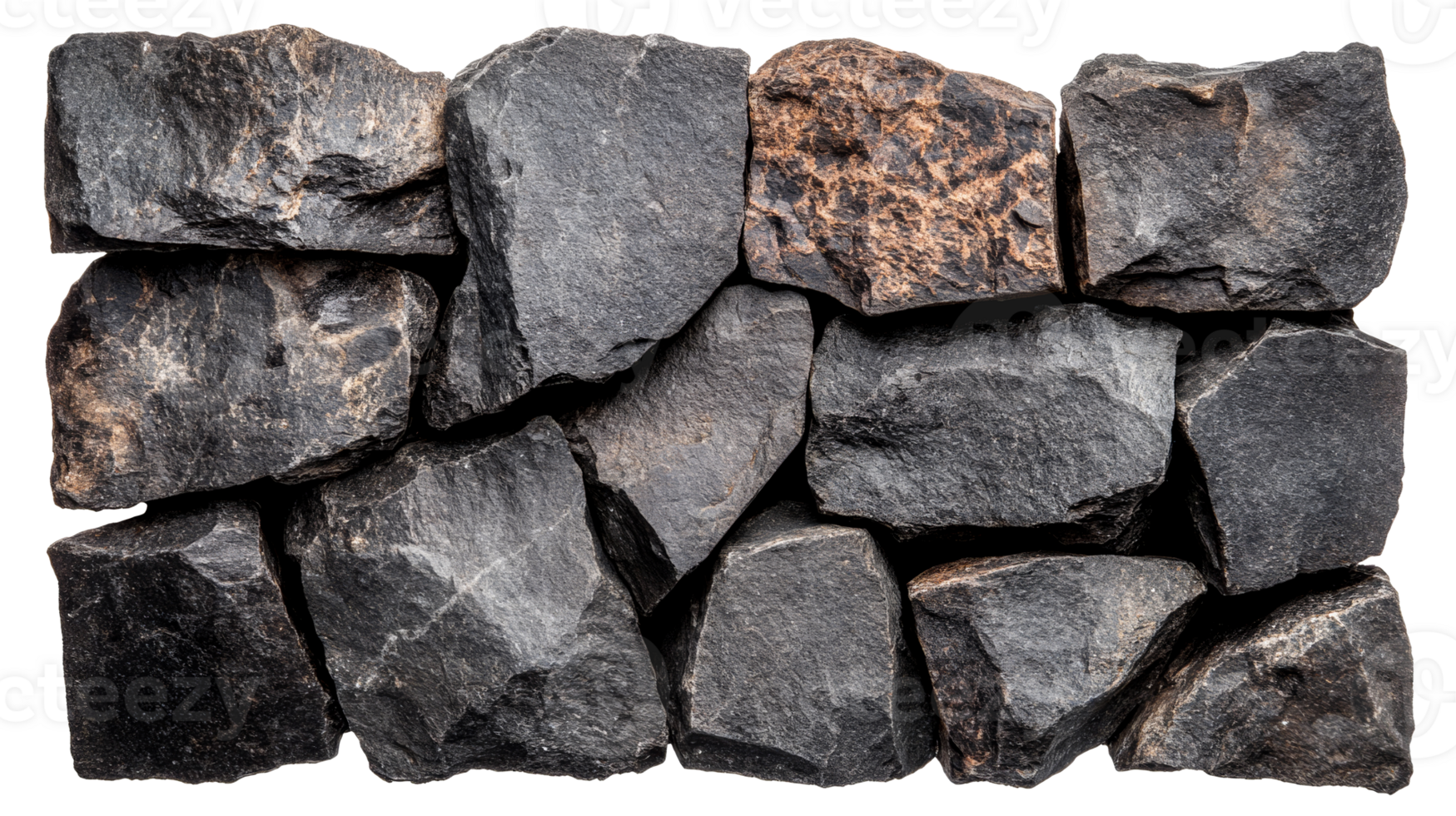 Rough, dark rocks arranged, isolated on black background, cut out transparent png