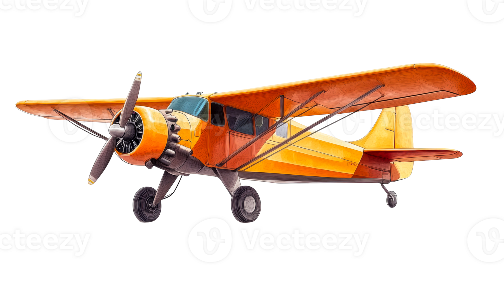 Vintage orange aircraft airplane isolated on black background, cut out transparent png