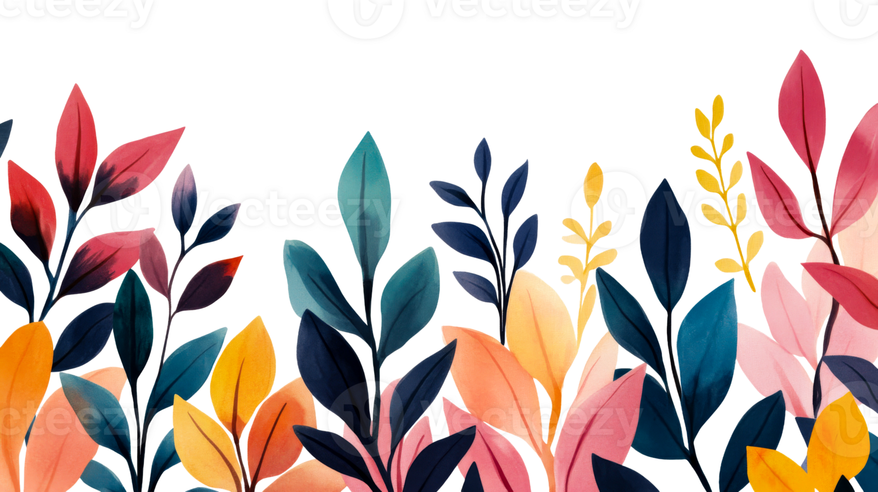 Colorful abstract foliage illustration on black background, cut out transparent png