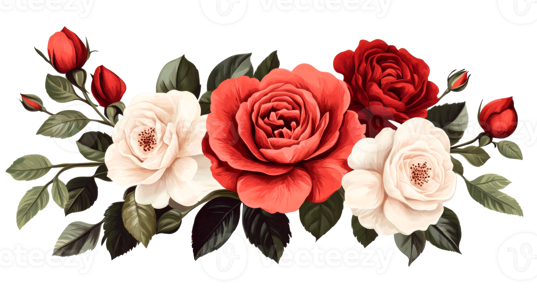 Rose bouquet arrangement, red, white, and bud color shades, cut out transparent png