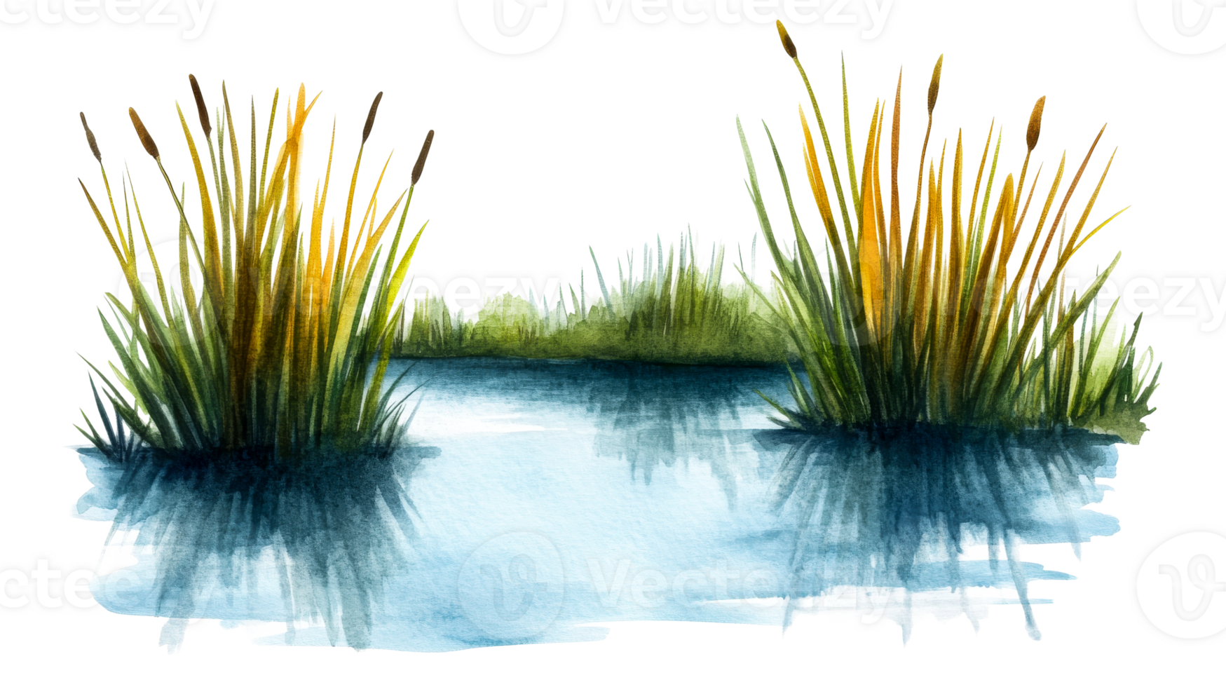 Watercolor pond with reeds and reflections, cut out transparent png