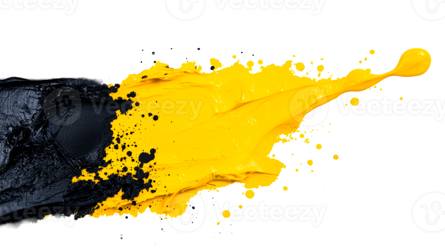 Abstract yellow and black paint splash on dark background, cut out transparent png