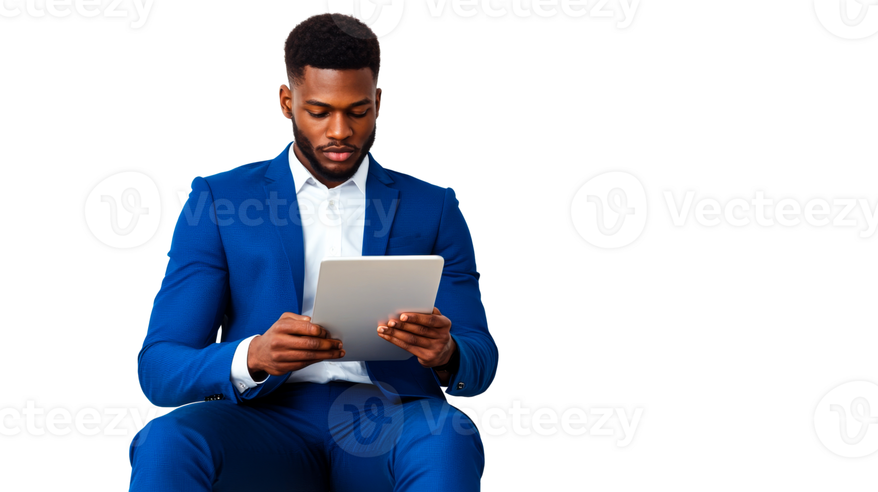 Professional man in blue suit using tablet with transparent background png