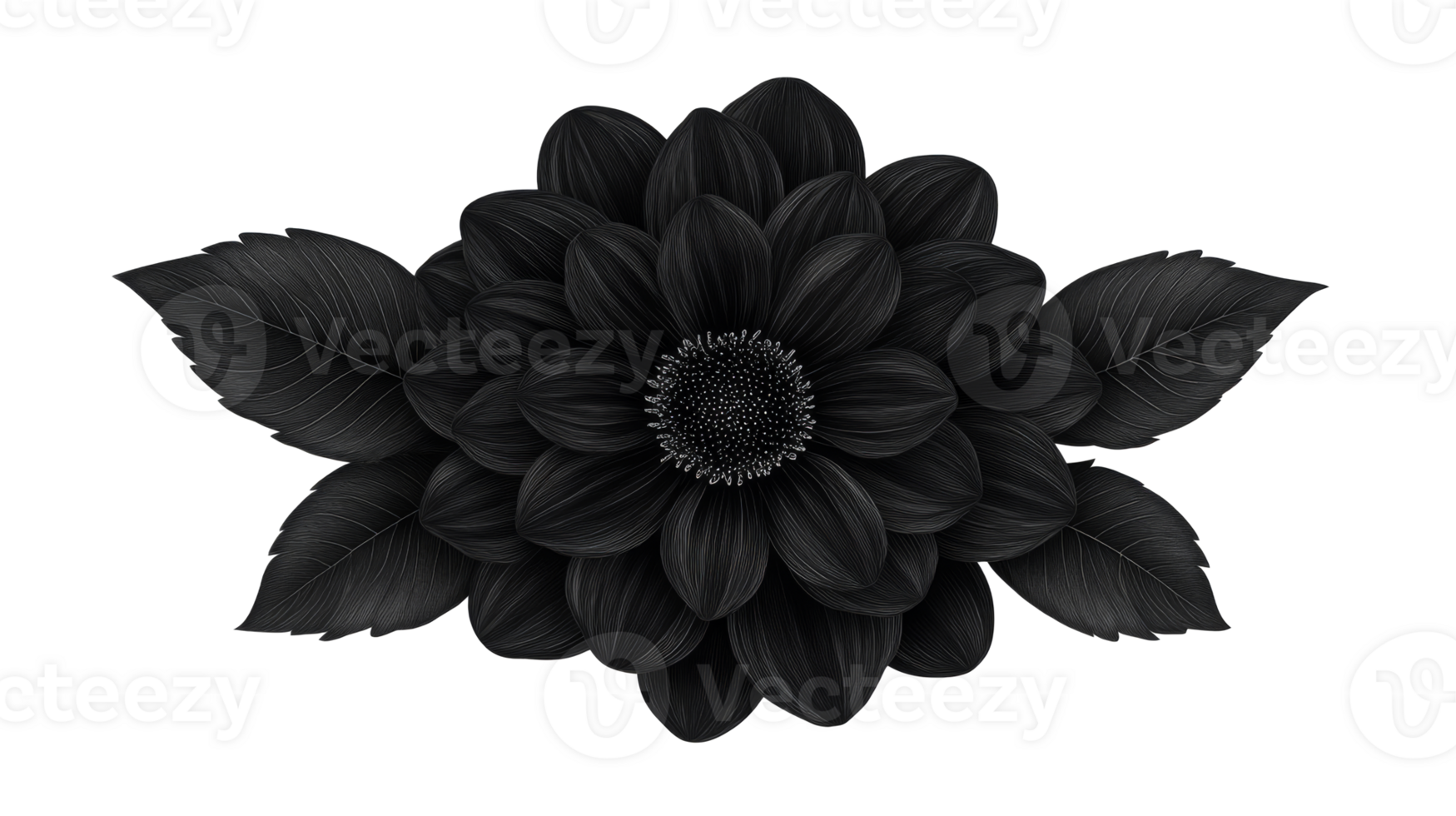 Black sunflower design with leaves on transparent background png