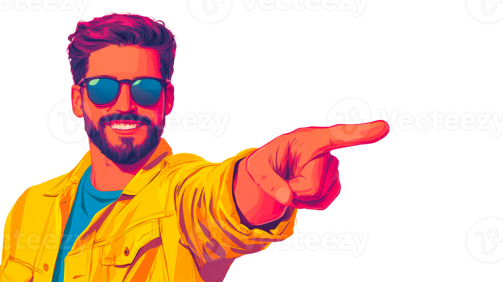 Brightly dressed man points excitedly on clear backdrop png