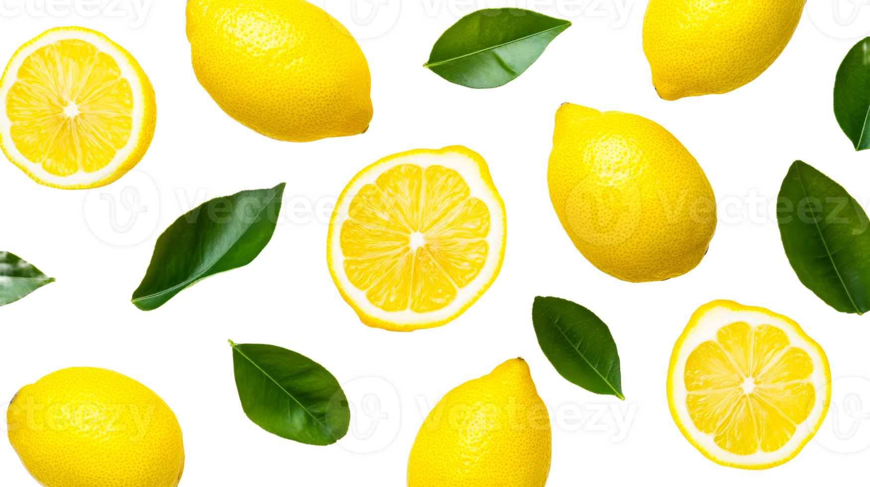 Fresh lemons and green leaves arranged on transparent background png