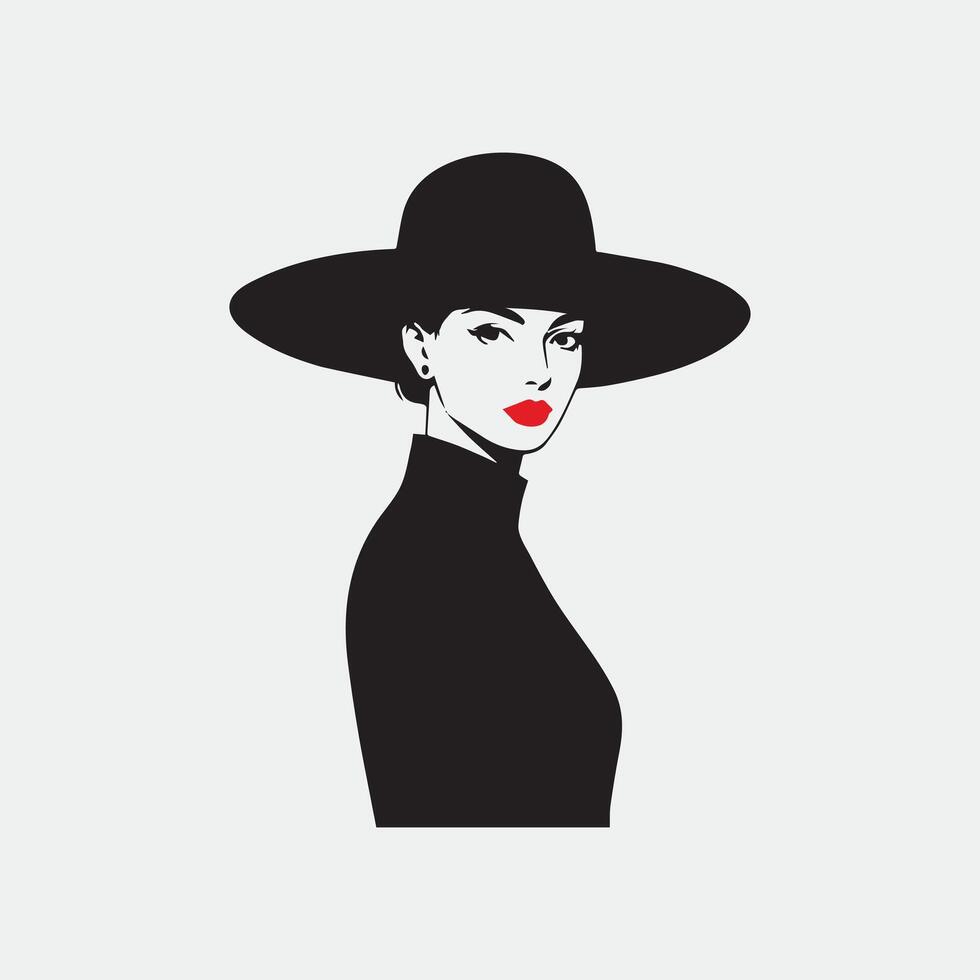 Female Model Side Profile Silhouette, Stylish woman in a large wide brimmed hat and coat, illustration. vector