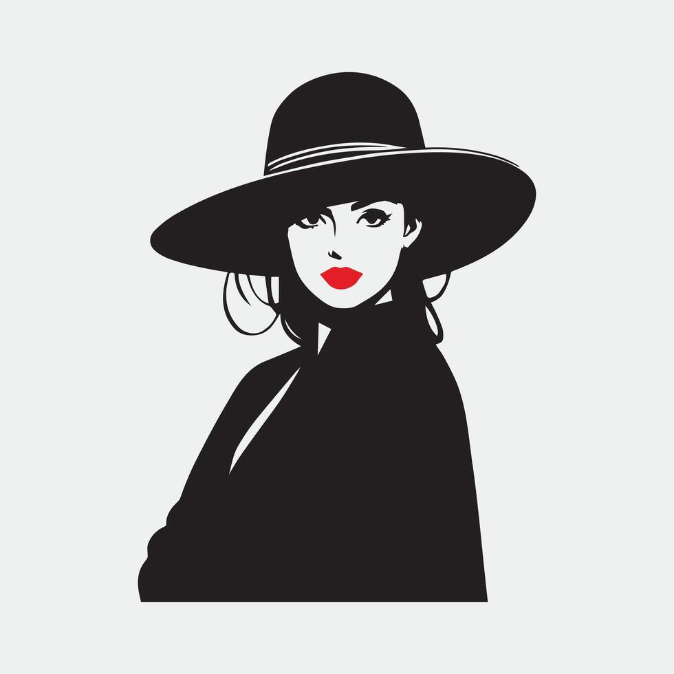 Female Model Side Profile Silhouette, Stylish woman in a large wide brimmed hat and coat vector