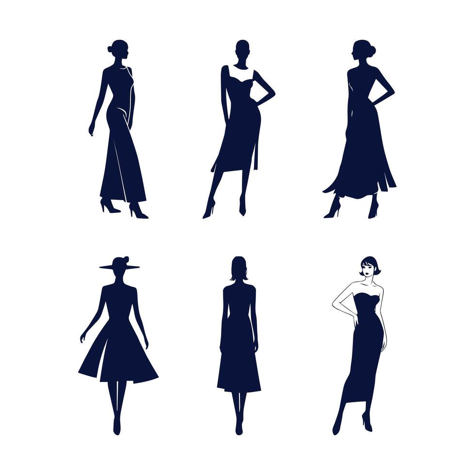 Female Model Fashion poses, Women in elegant stylish dresses promotion, catwalk and photoshoot, showcasing stylish fashion. clipart illustration vector