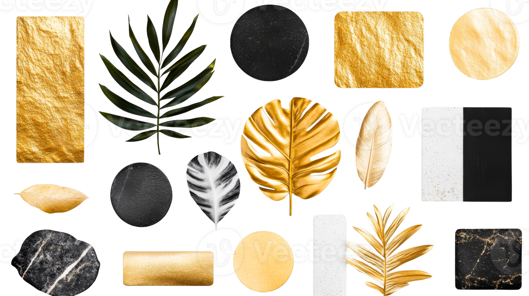 Elegant gold and black abstract design with leaves and shapes png