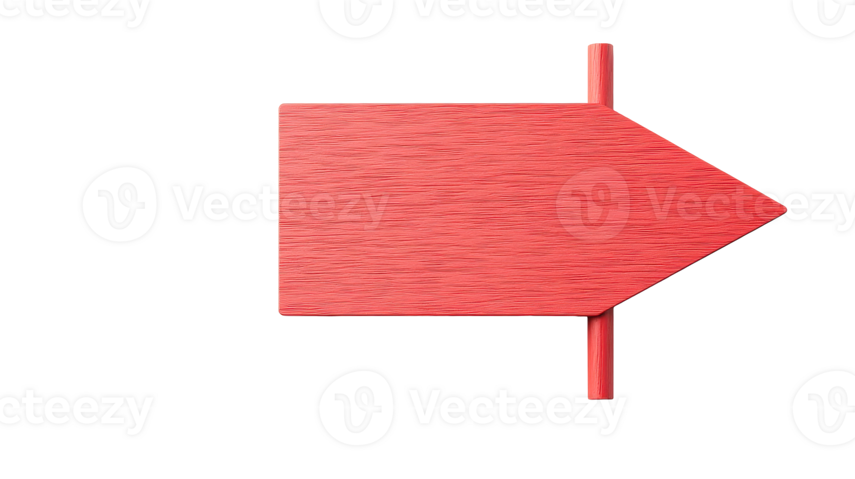 Empty red wooden signpost points right, isolated object, cut out transparent png