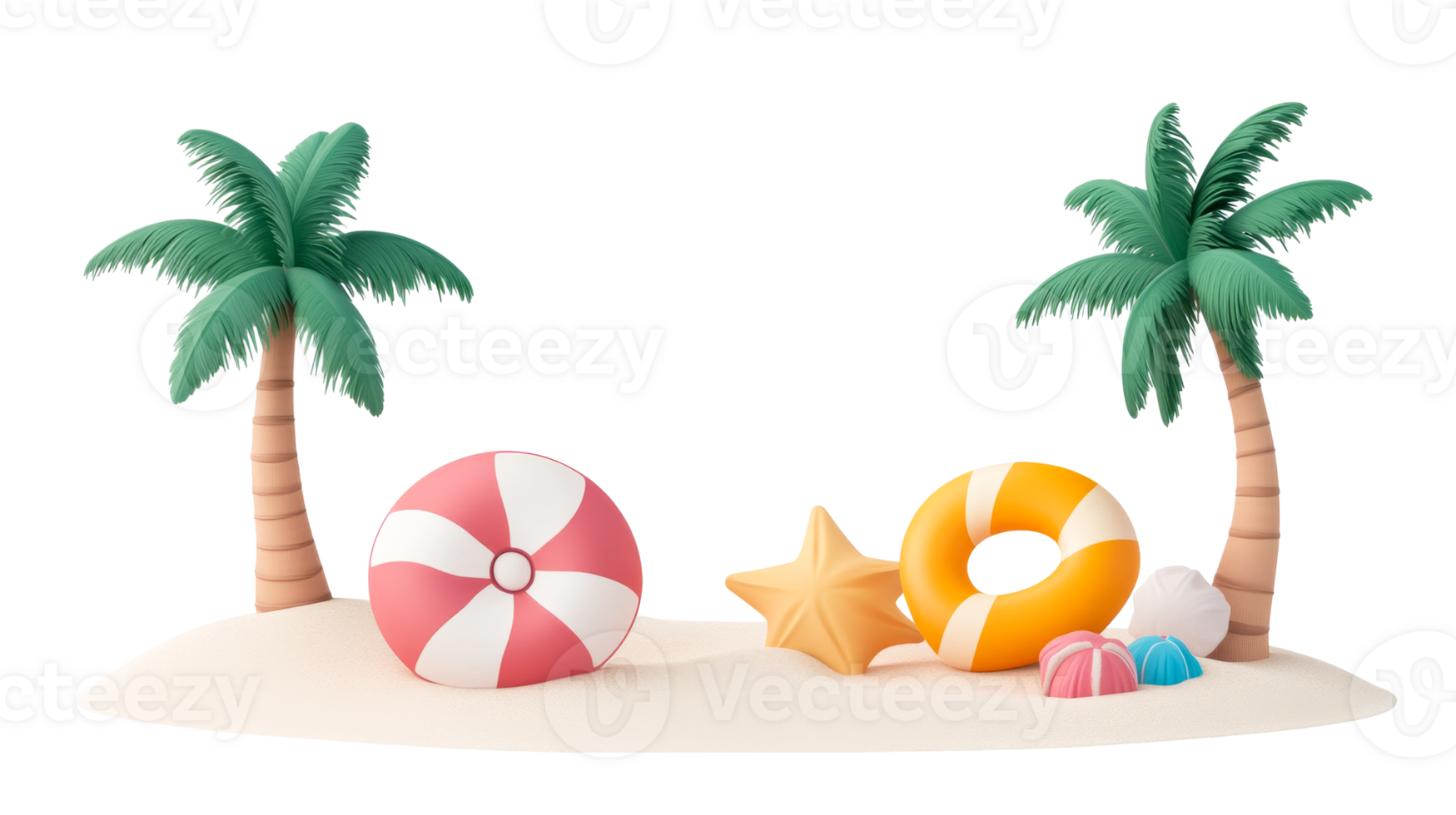 Beach island with palm trees, float, ball, star, shell, candy, cut out transparent png