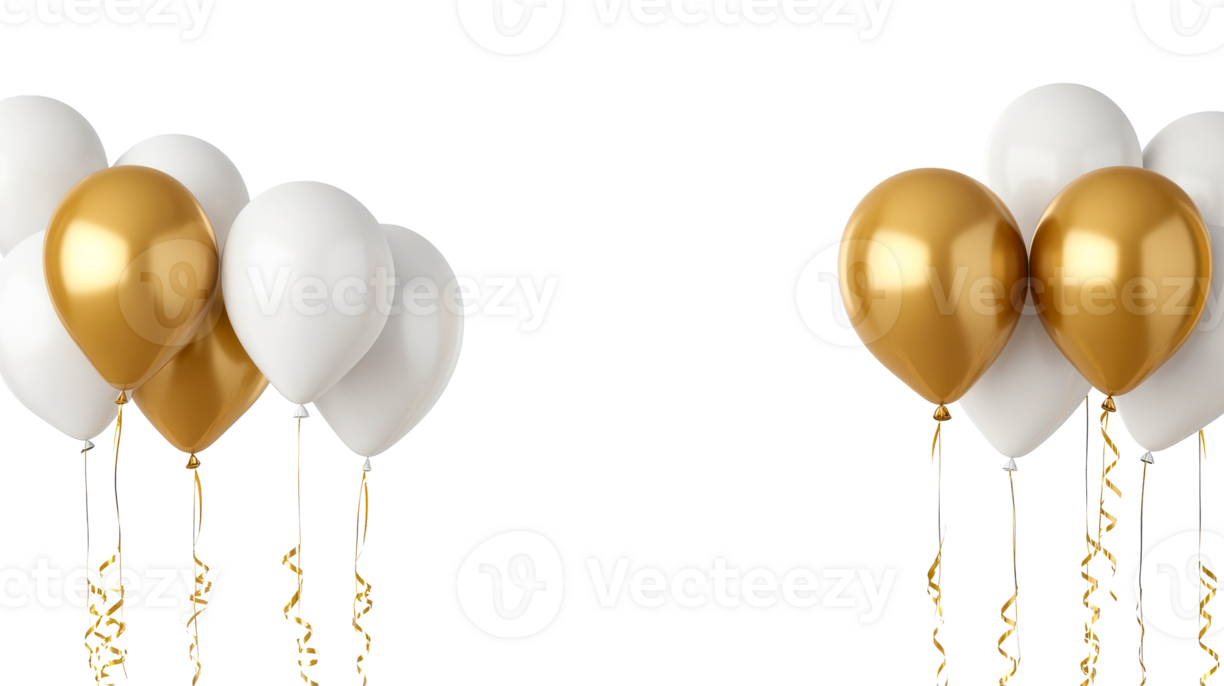 Balloons golden and white decorations on black background, cut out transparent png