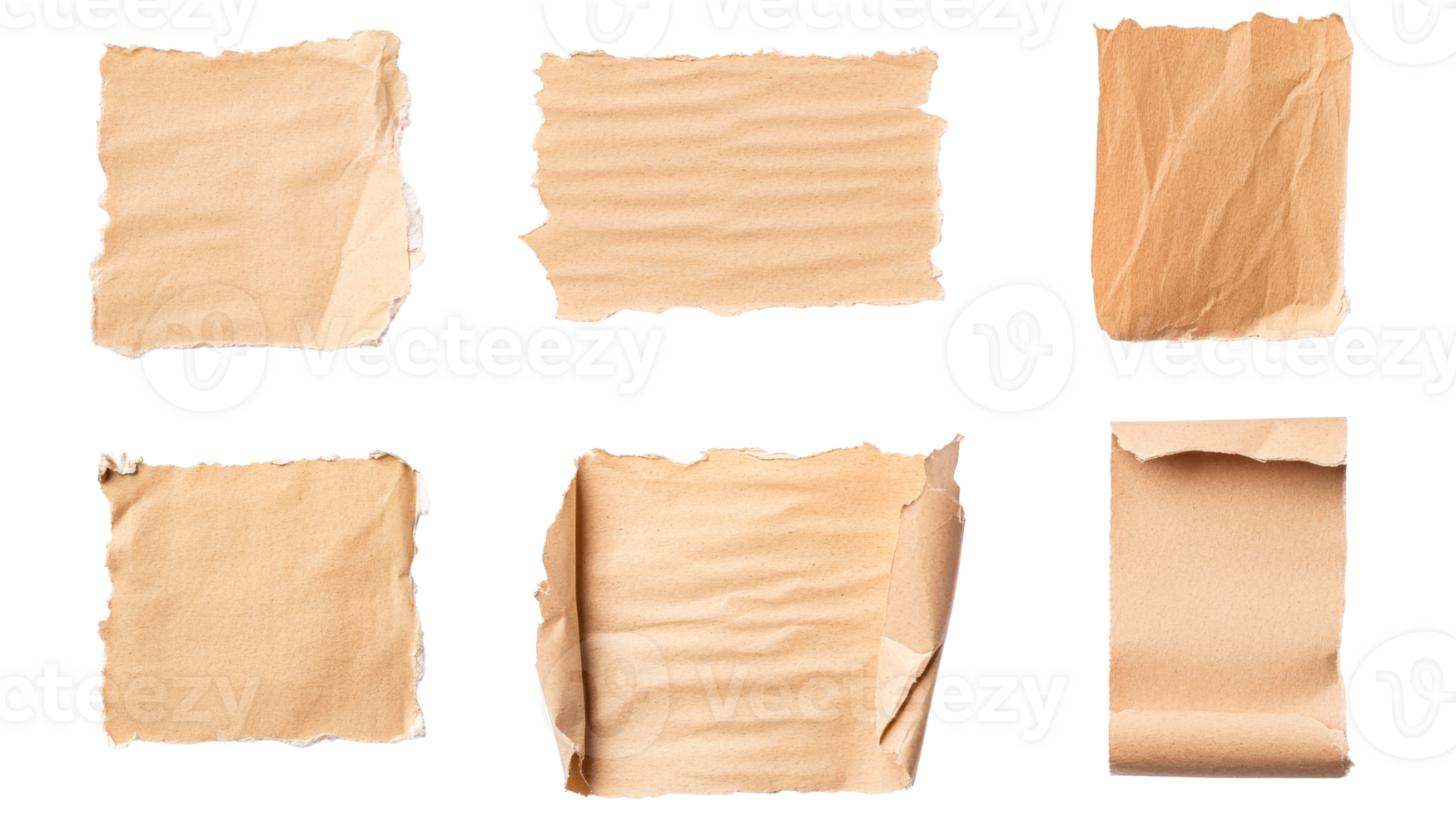 Collection of crumpled brown paper pieces on transparent background png