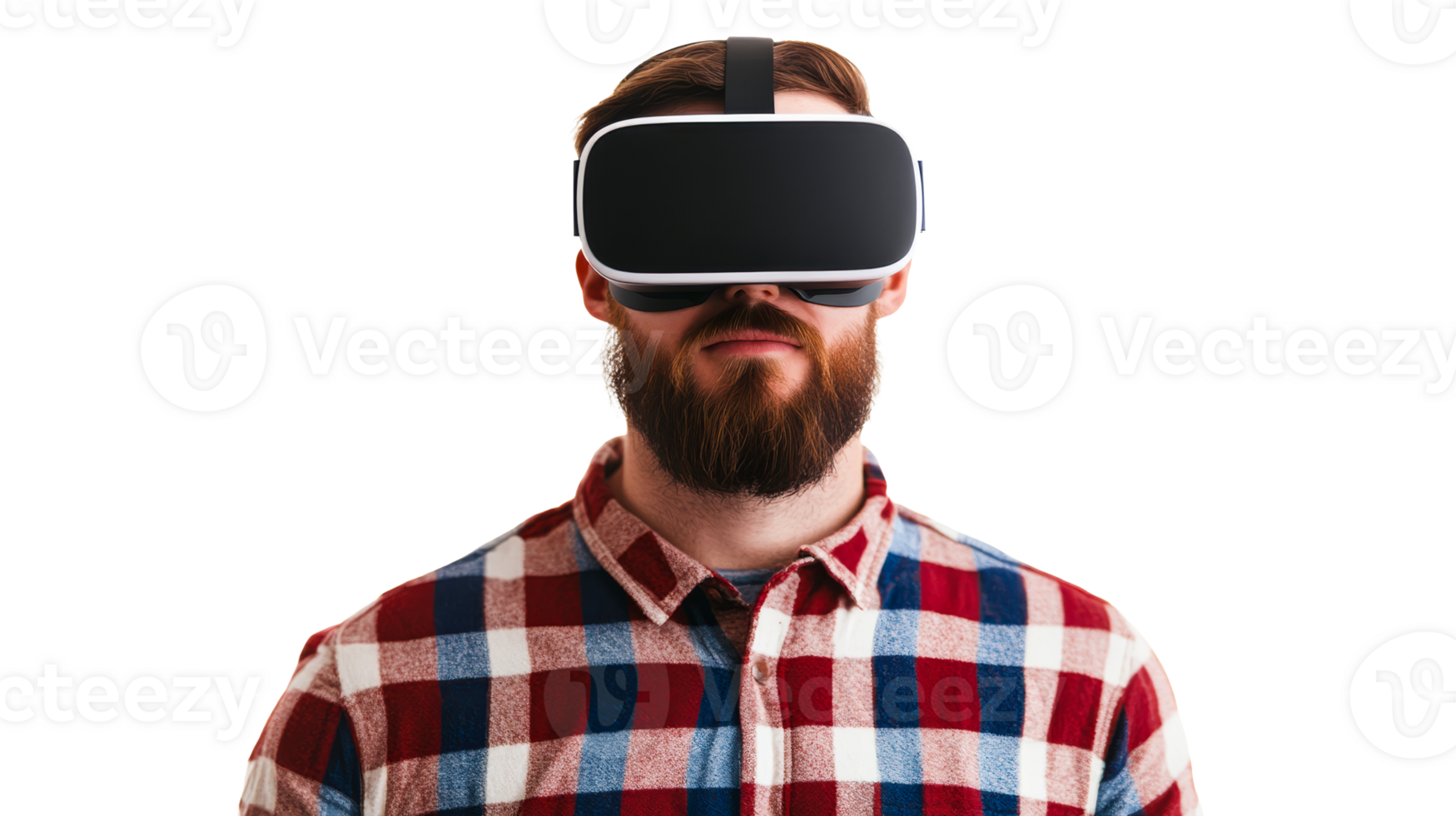Man in VR goggles wearing a plaid shirt, cut out transparent png
