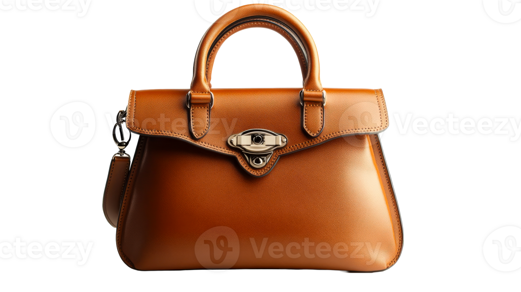 Brown leather handbag with handle and latch, cut out transparent png