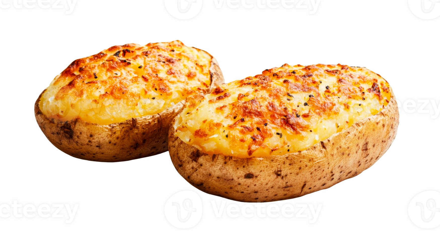 Two baked potatoes with cheese, cut out transparent png