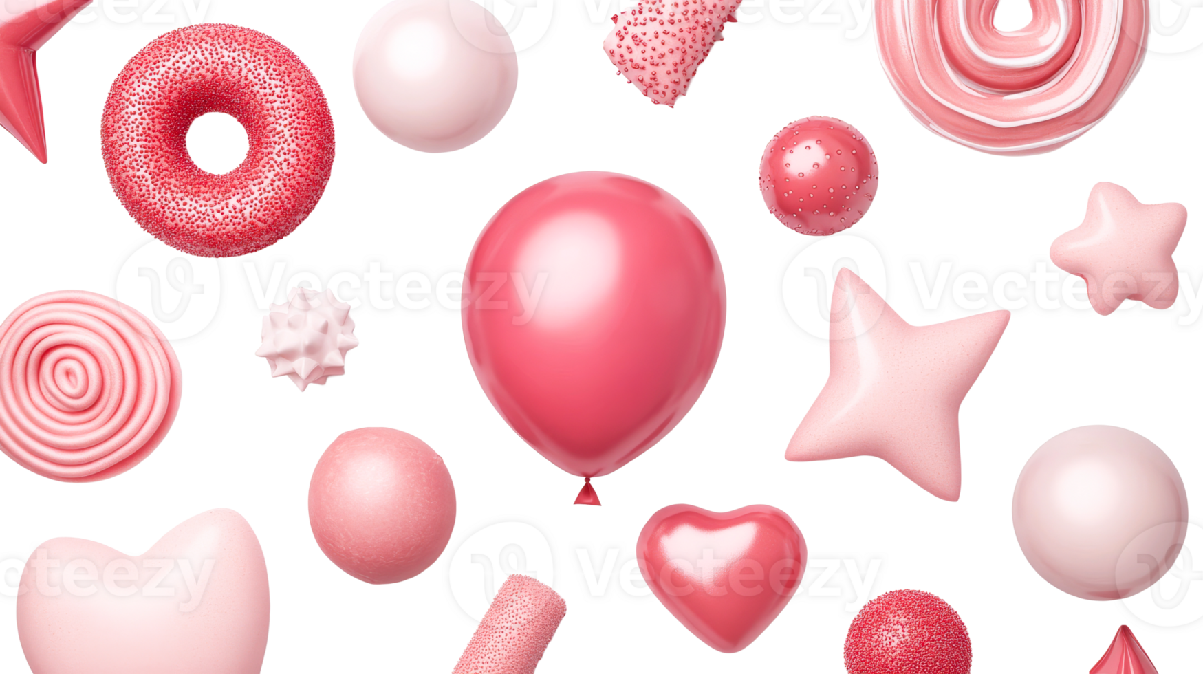 Assorted pink objects float against black background, cut out transparent png