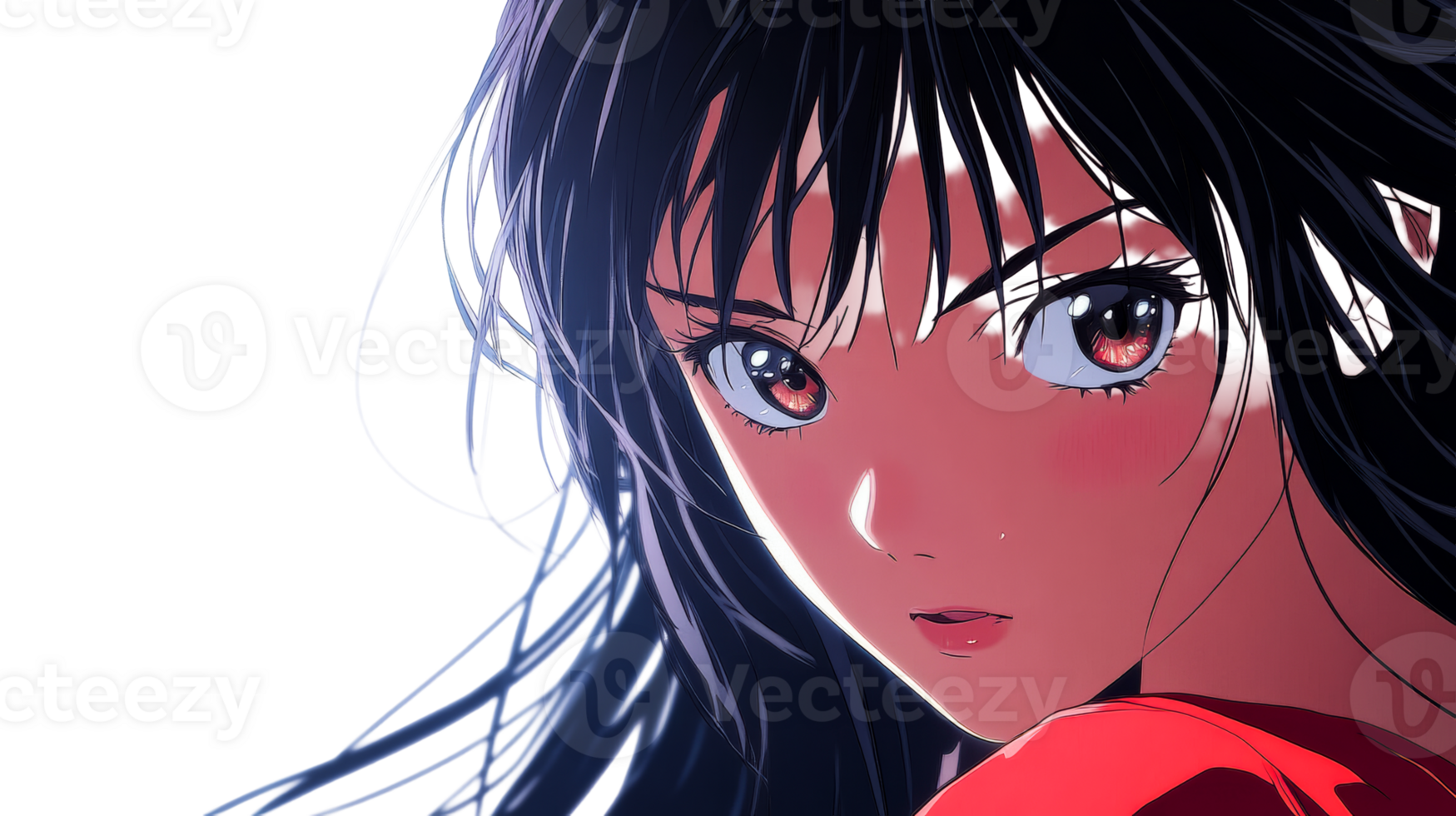 Anime girl with detailed eyes staring forward, red outfit, cut out transparent png