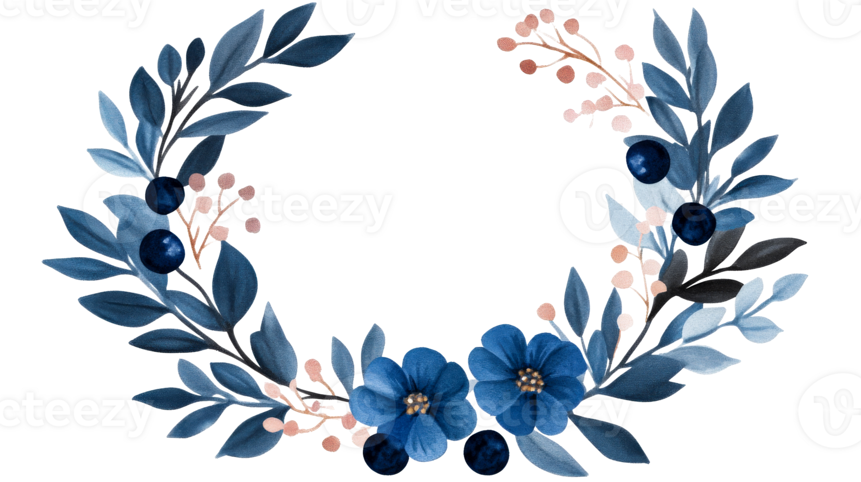 Watercolor floral wreath with leaves, branches, and flowers, cut out transparent png