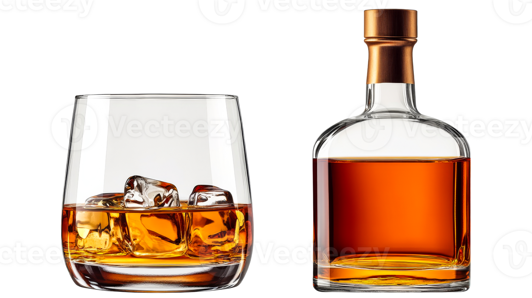 Whiskey in glass and bottle with copper top, dark backdrop, cut out transparent png