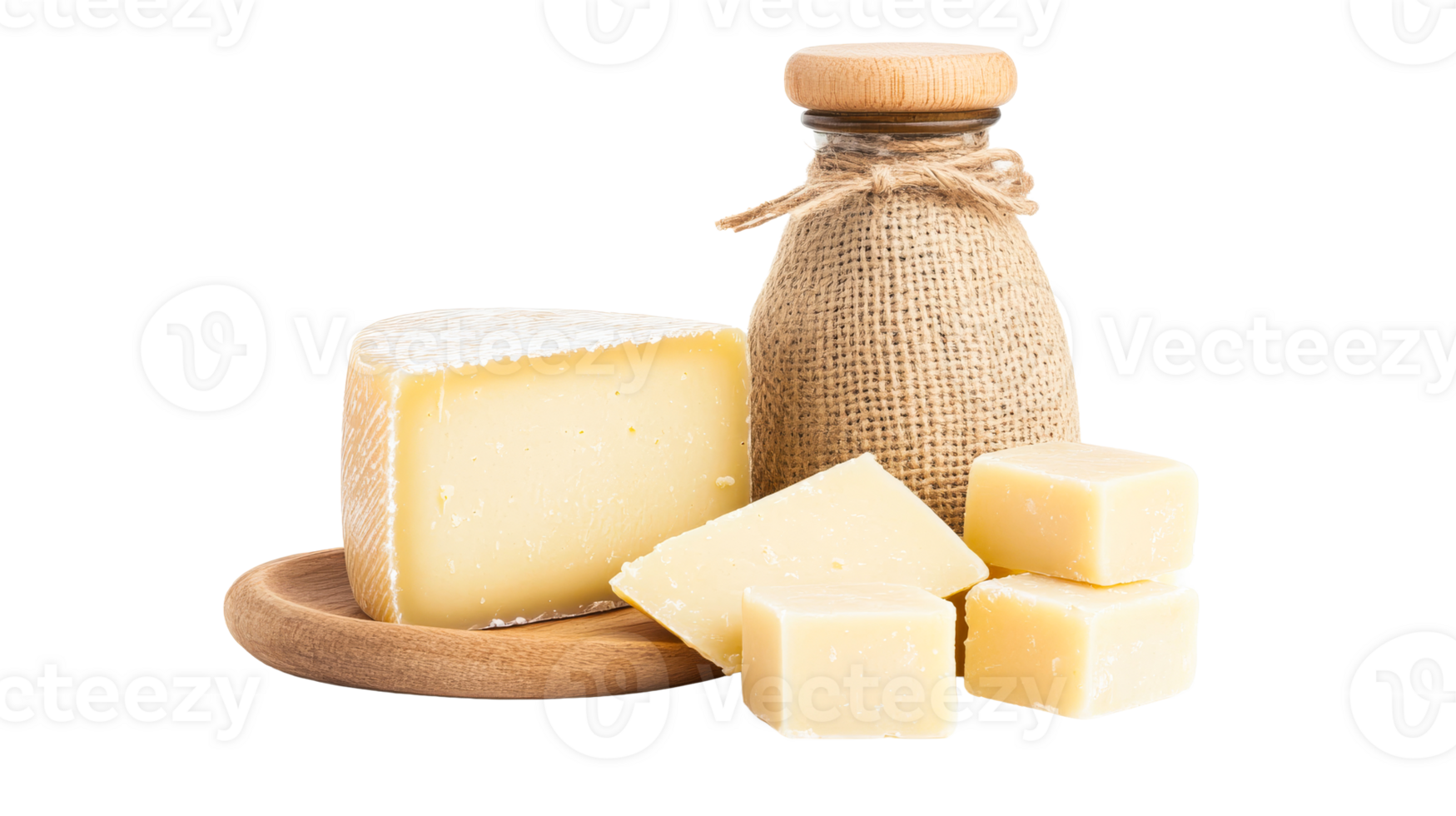 Cheese assortment and rustic bottle on black, cut out transparent png