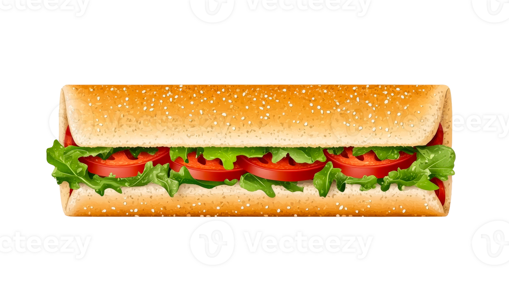 Long sandwich with lettuce, tomatoes, and sesame seeds, cut out transparent png