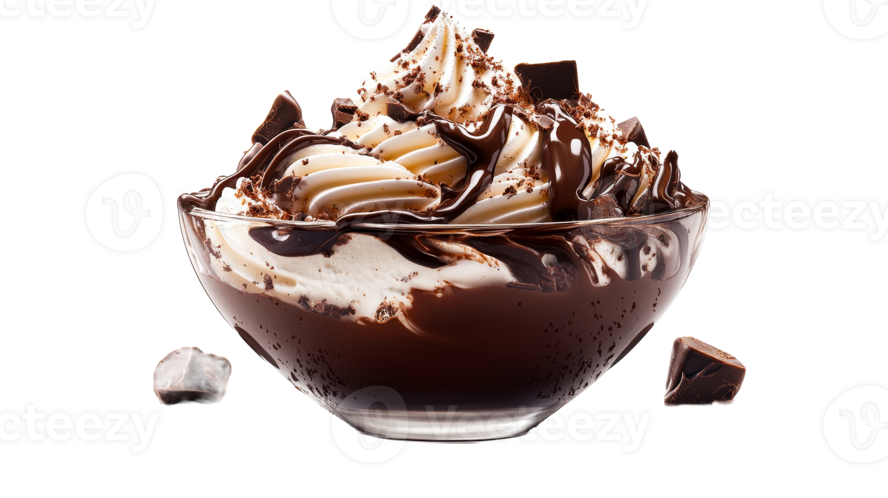 Ice cream with chocolate sauce and shavings in bowl, cut out transparent png