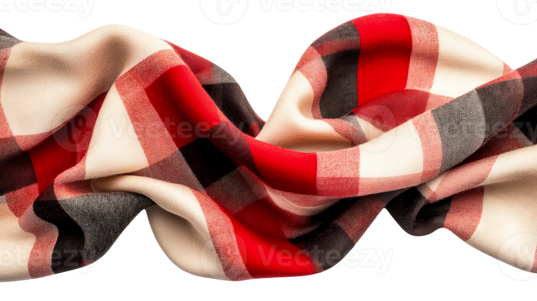 Plaid fabric with red and gray design, elegantly draped, cut out transparent png