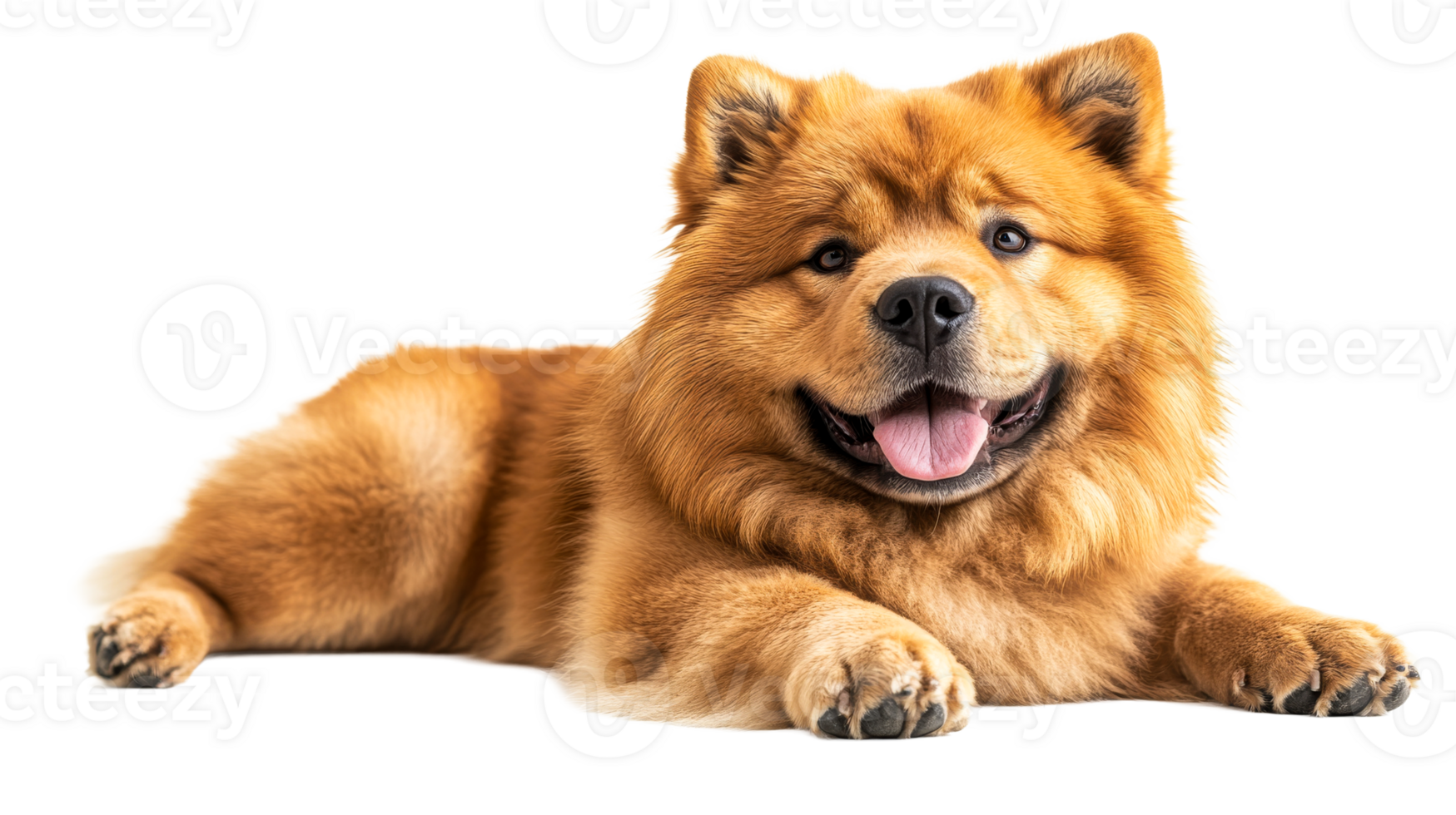 Smiling Chow Chow dog with thick reddish fur lying down, cut out transparent png