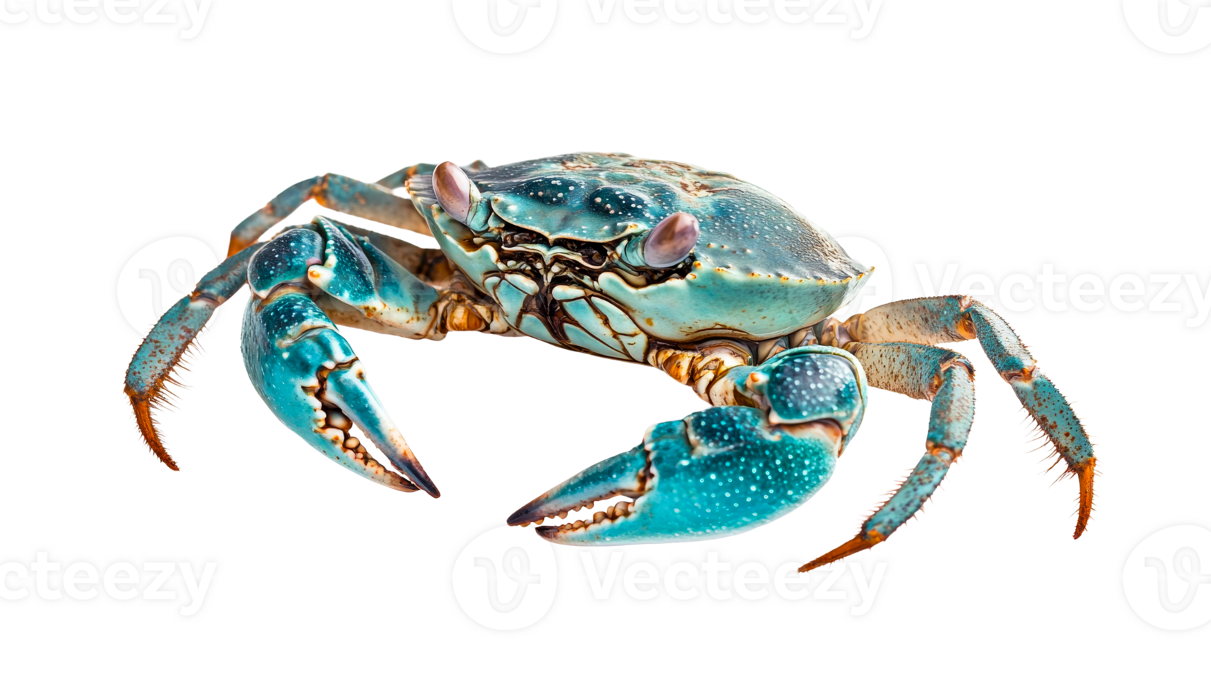 Vibrant blue crab isolated against black backdrop, cut out transparent png