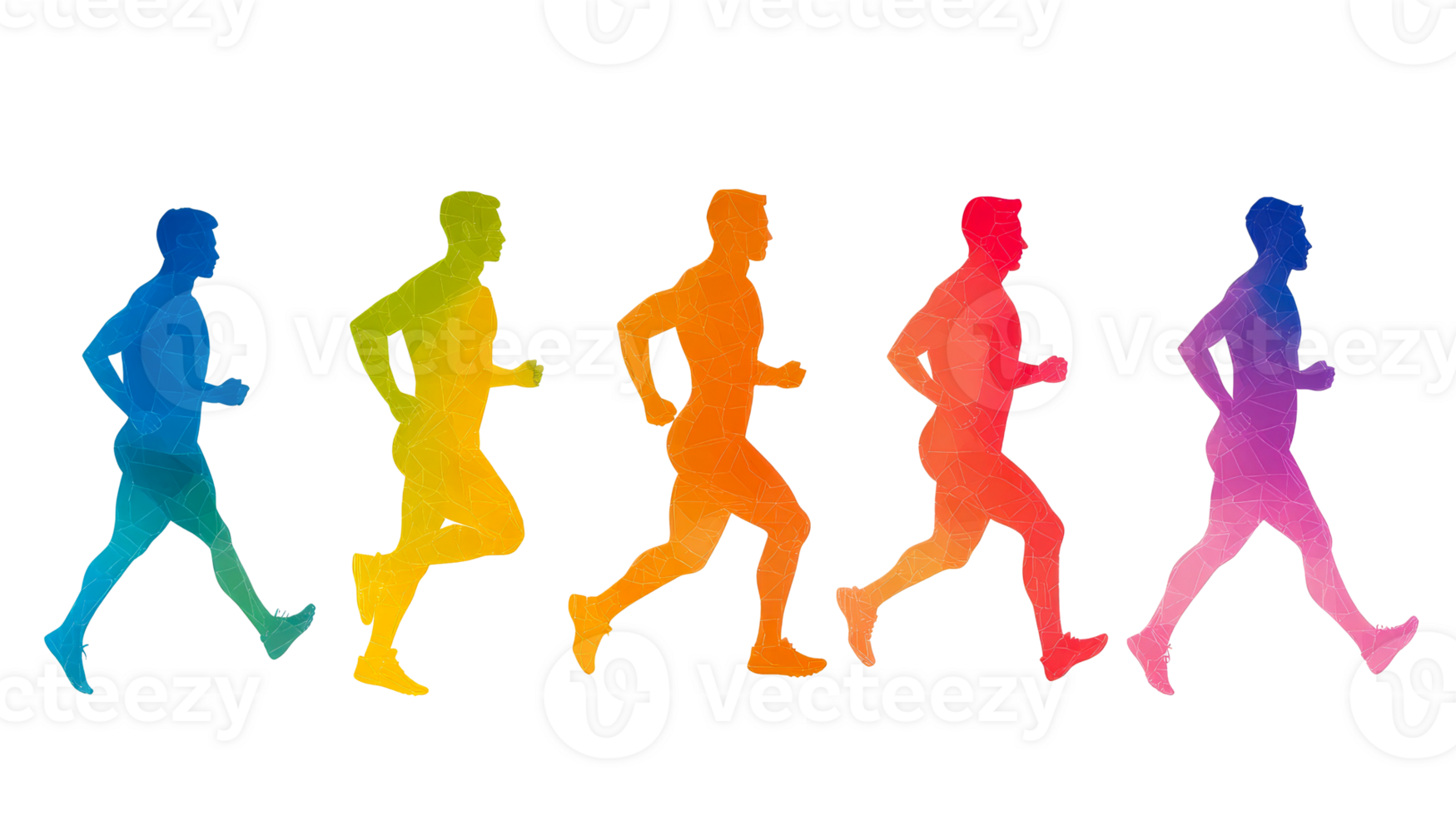 Colorful running silhouettes, low poly texture, diversity, energy, sport, cut out transparent png