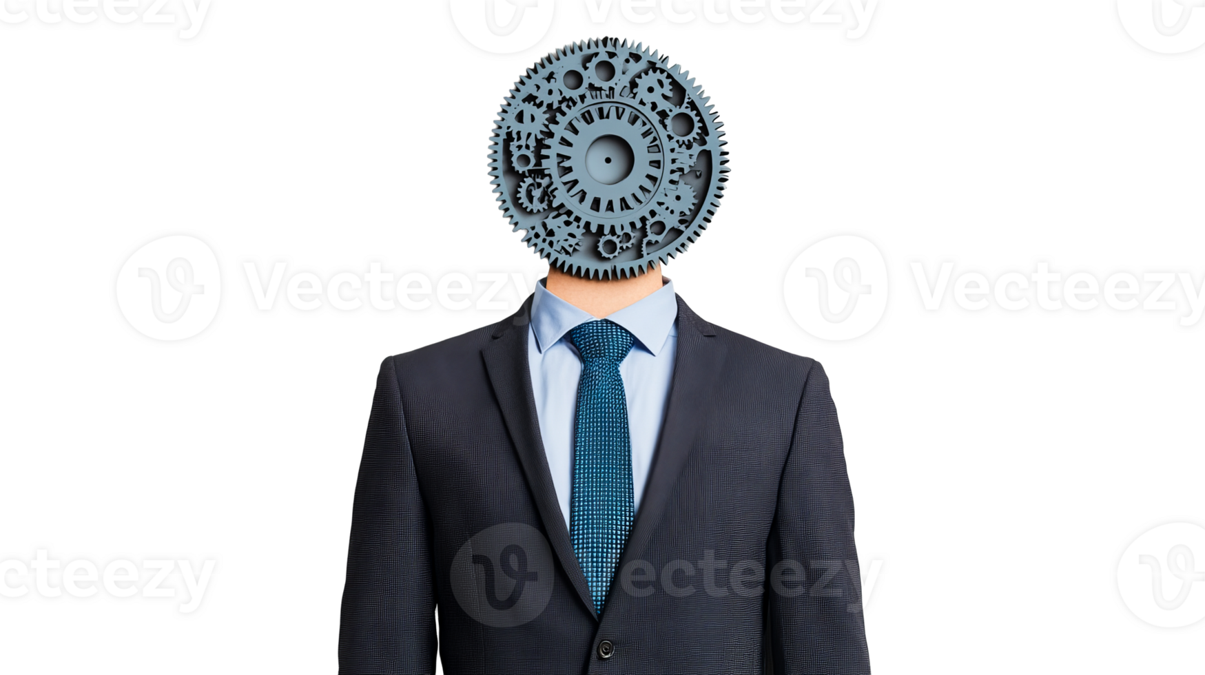 Conceptual business man with gears head on black background, cut out transparent png
