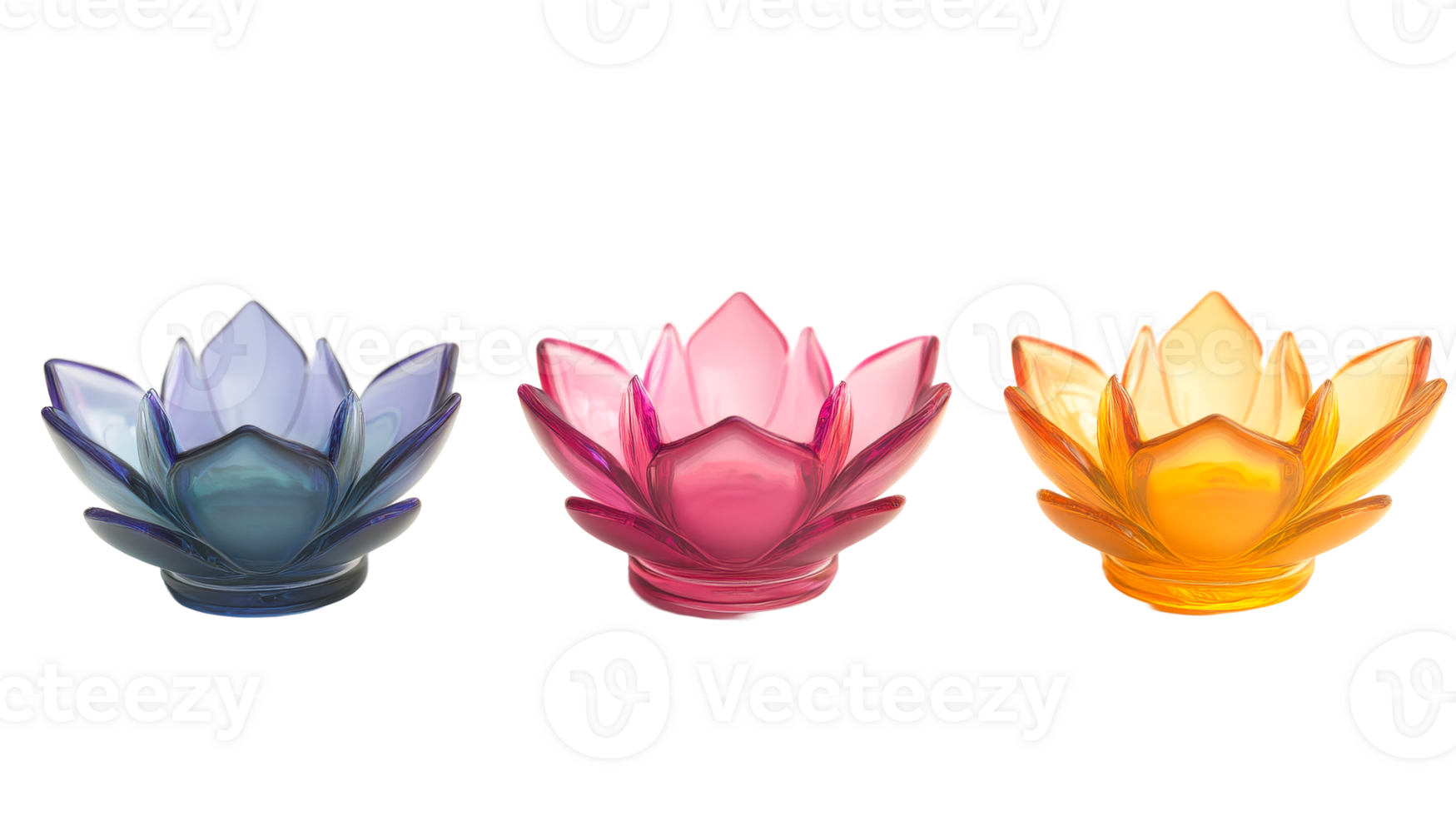 Lotus candle holders in blue, pink, orange colors, cut out transparent png