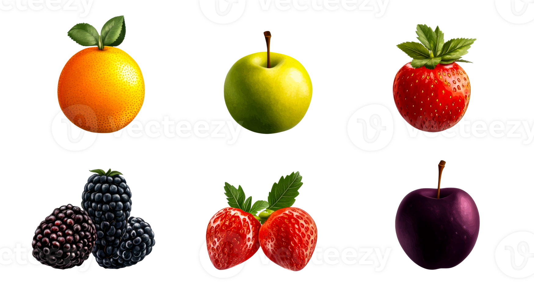 Assorted fruits in digital illustration on black background, cut out transparent png